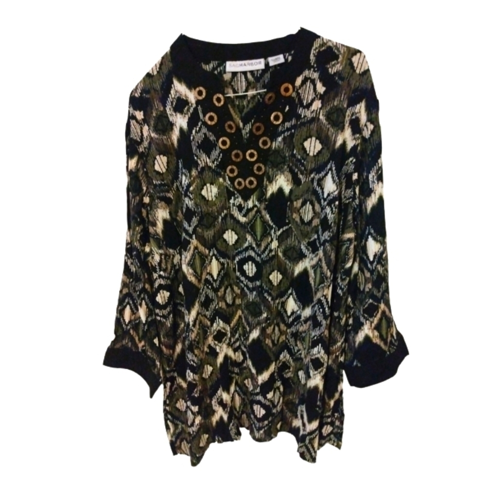 Unique Longline Tunic- Faux Wooden Accents Vintage Sag Harbor Tribal Beachy XL